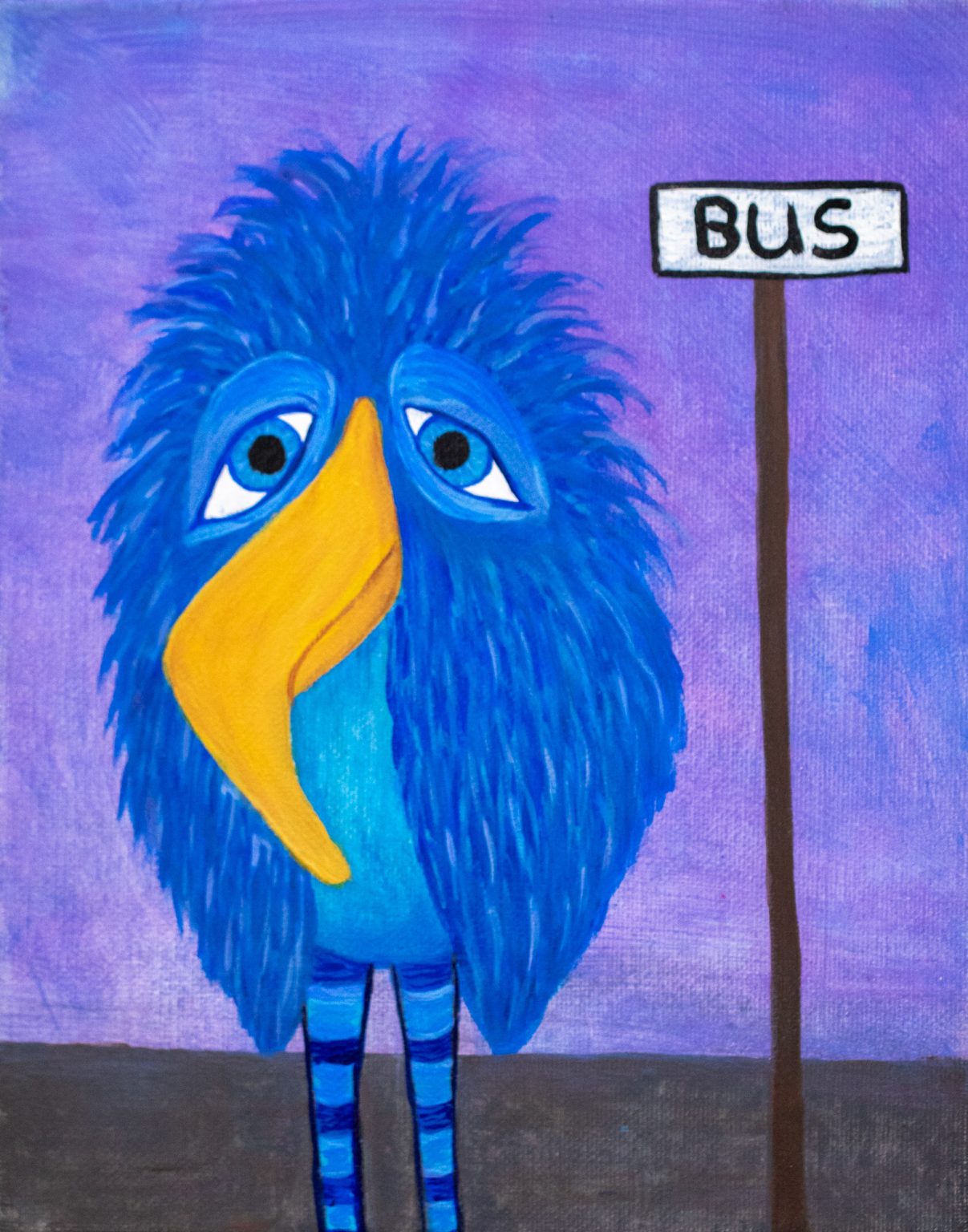 Whimsical bird painting of a blue bird beside a BUS sign on purple