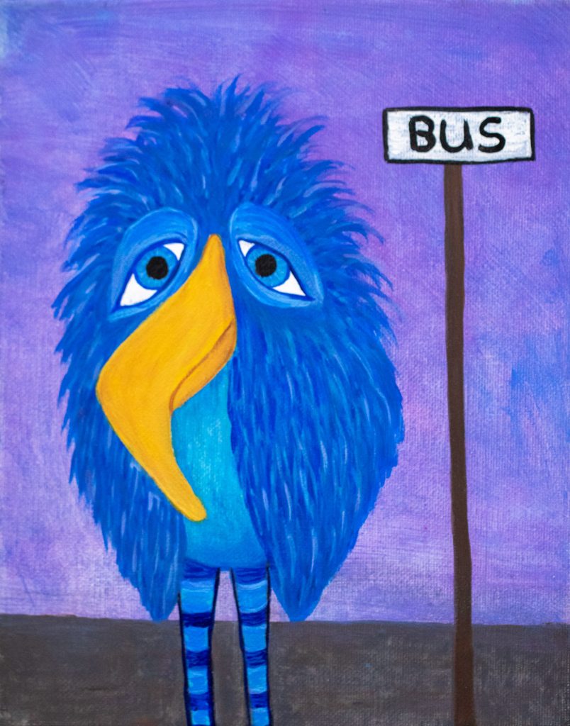 Whimsical bird painting of a blue bird beside a BUS sign on purple