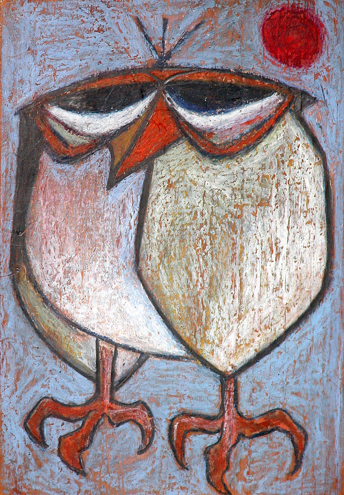 Textured painting of a round bird with heavy-lidded eyes and orange feet under a red sun by Dave Coleman