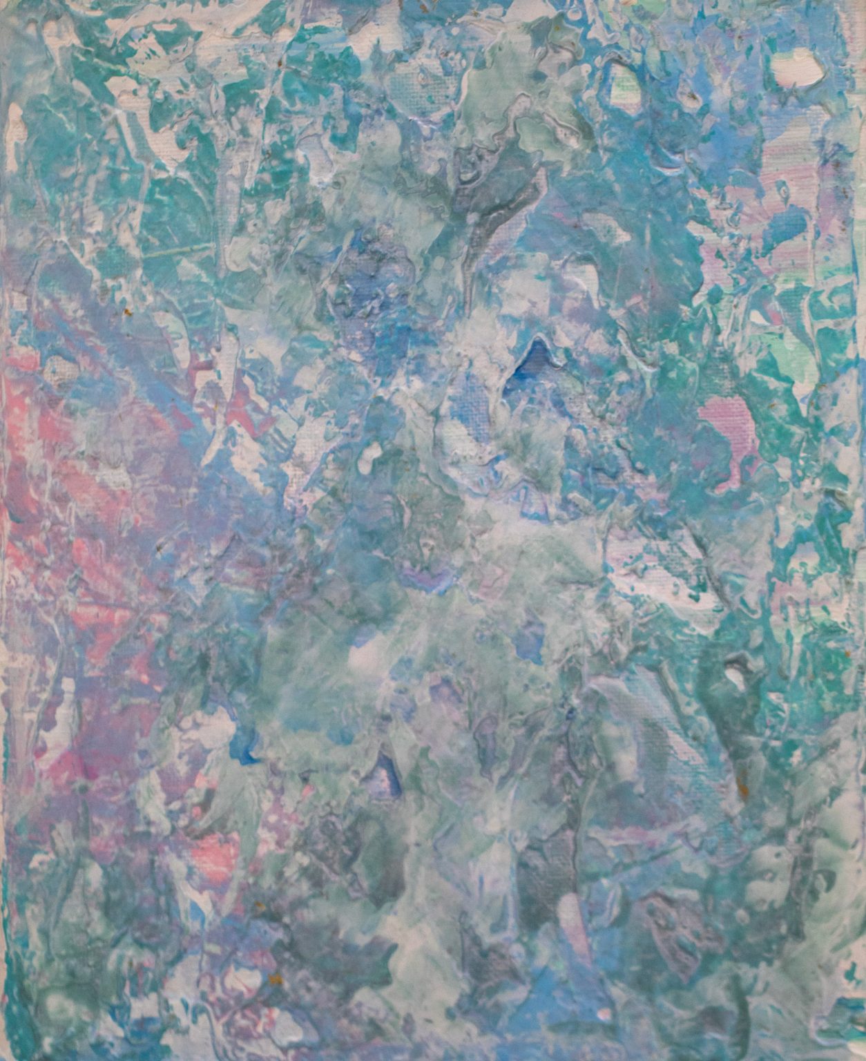 Pastel abstract painting in soft mint, aqua, pink, and lavender texture