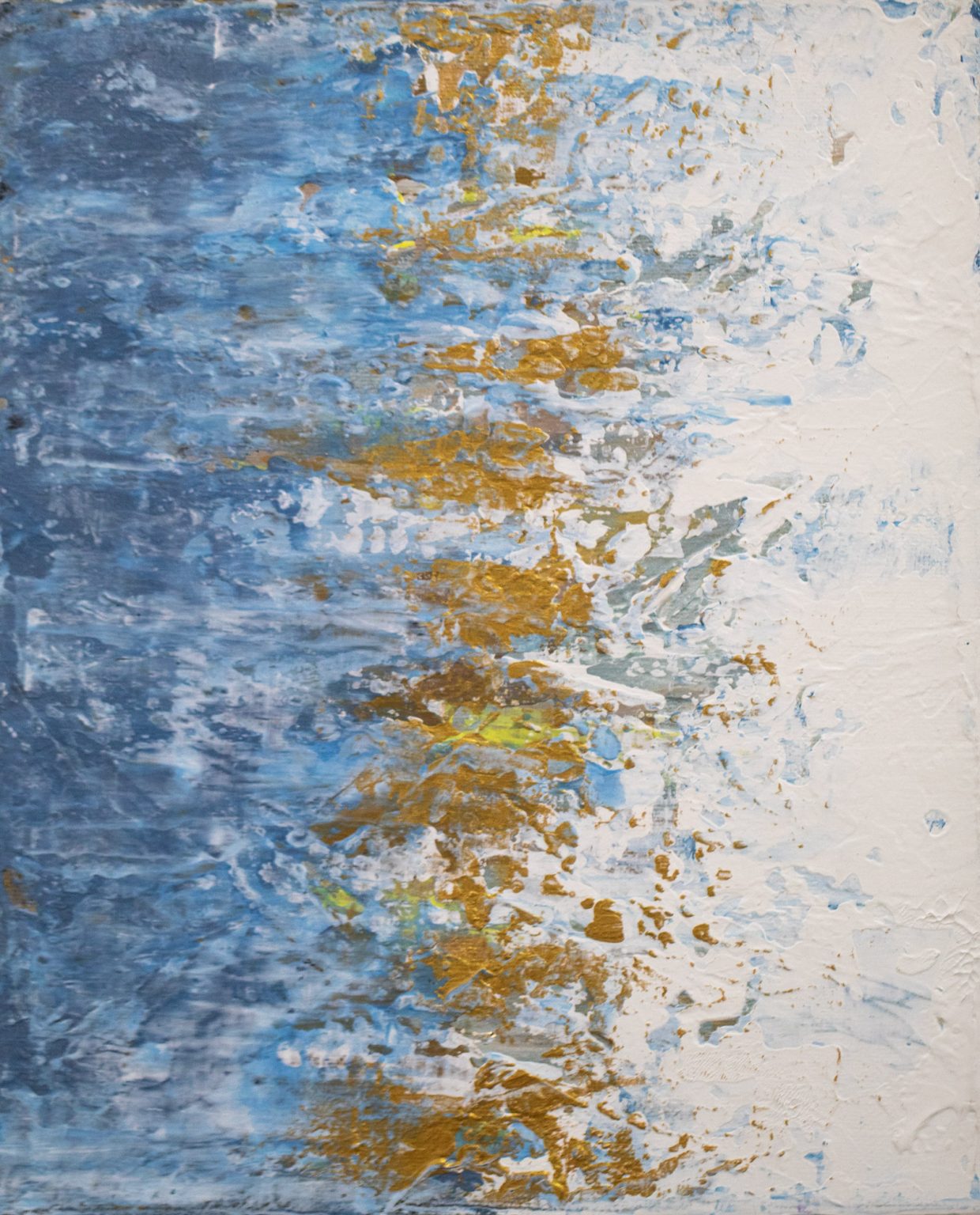 Blue and gold abstract painting with a gold seam between blue and white