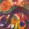 Colorful abstract painting with orange sunset spiral, rainbow bands and arcs