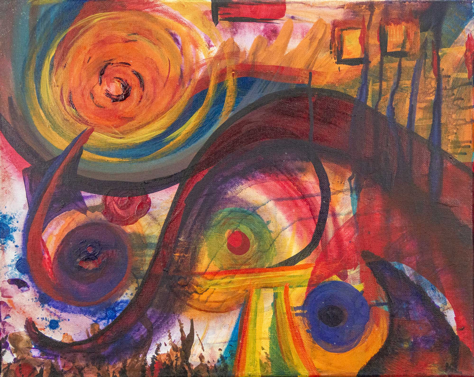 Colorful abstract painting with orange sunset spiral, rainbow bands and arcs