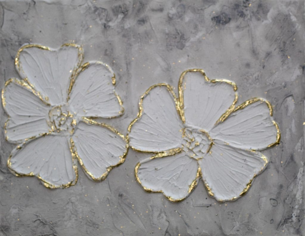 Textured floral painting of two white flowers with gold edges on gray