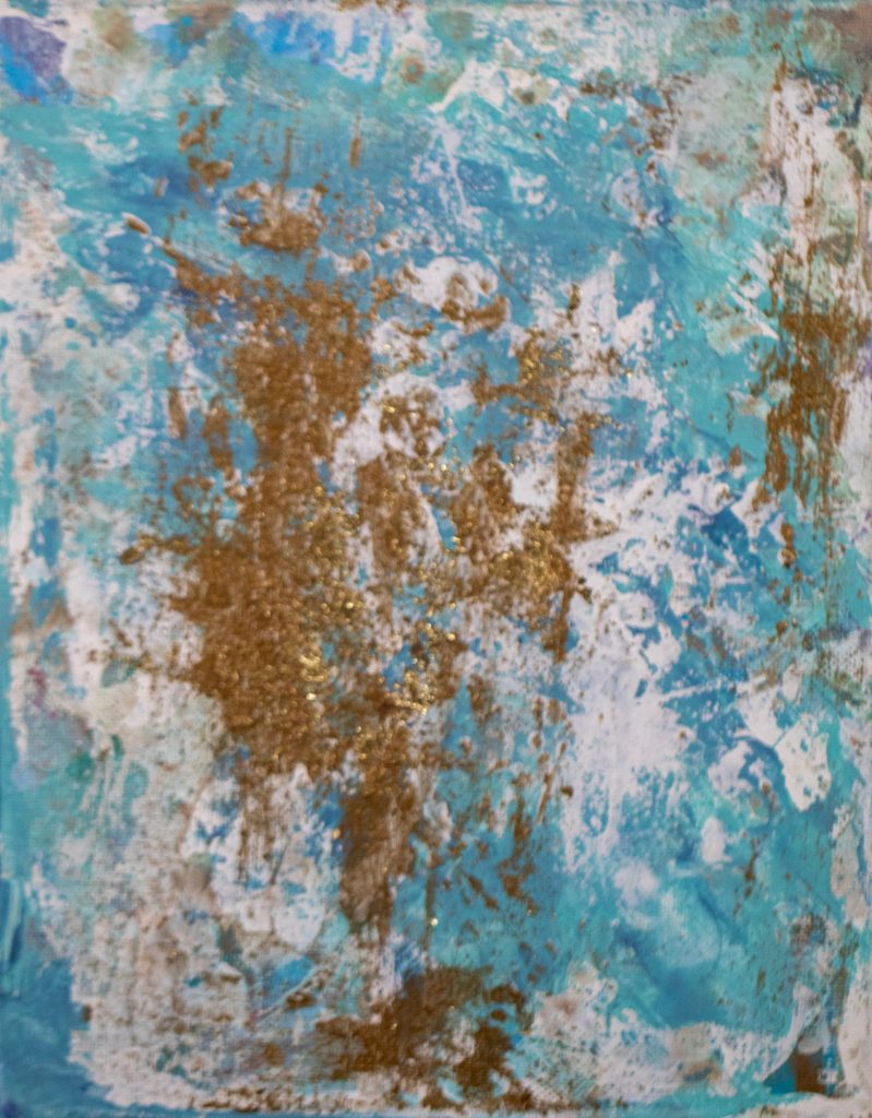 Turquoise and gold abstract painting with metallic gold drifts on blue