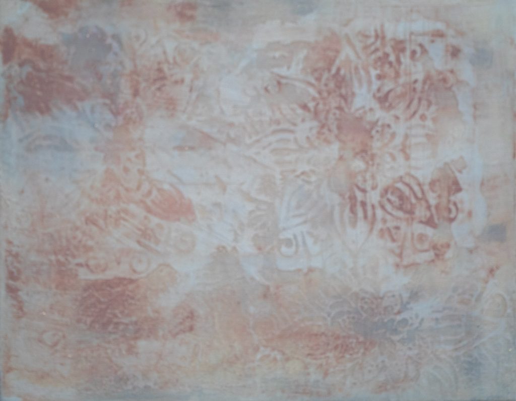 Neutral abstract painting in soft blush, cream, and pale blue with lace texture