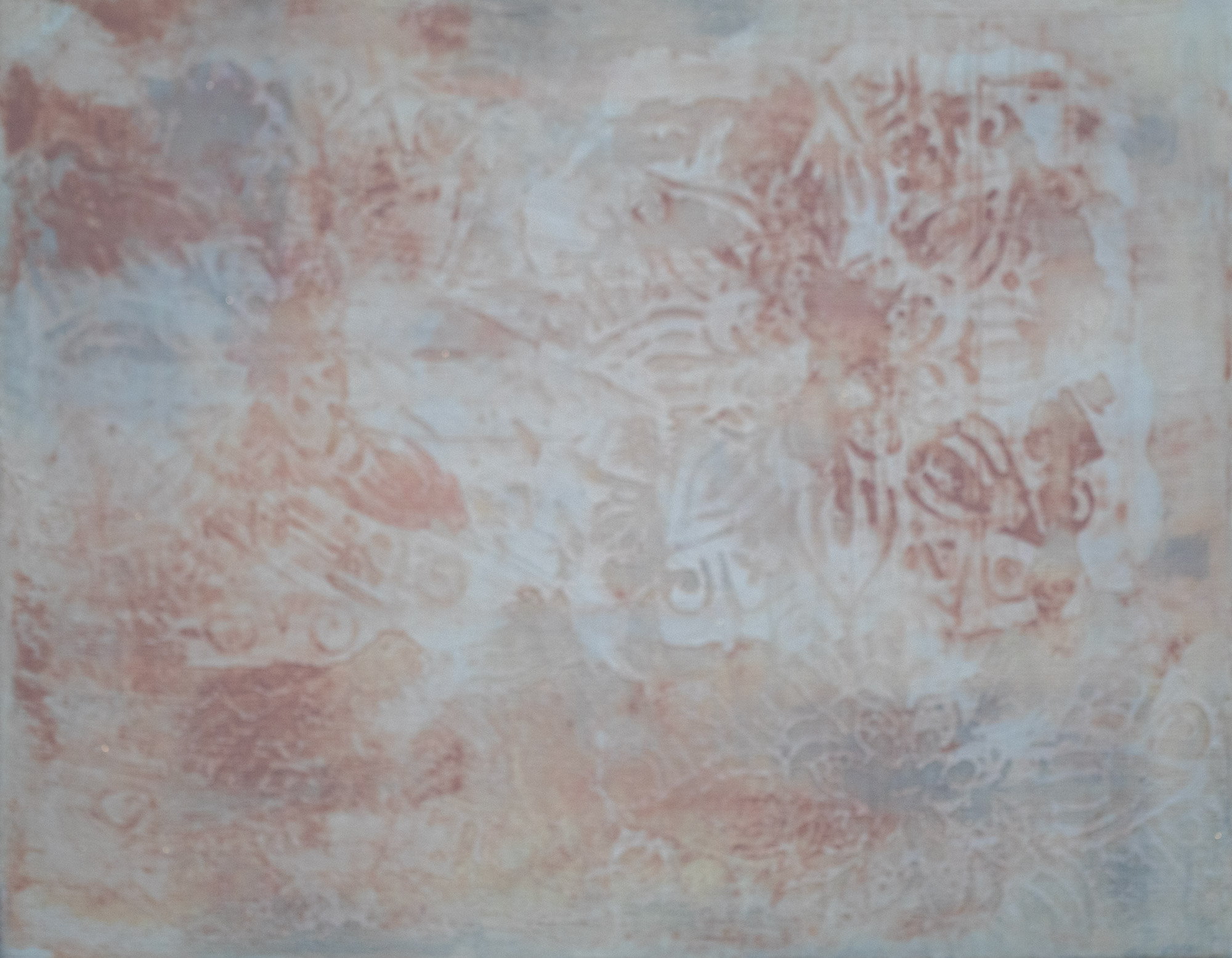 Neutral abstract painting in soft blush, cream, and pale blue with lace texture