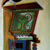 Painting of a black bird with a large beak perched on an ornate piano by Dave Coleman, 1969