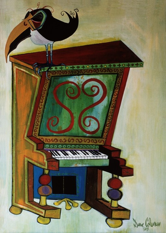 Painting of a black bird with a large beak perched on an ornate piano by Dave Coleman, 1969