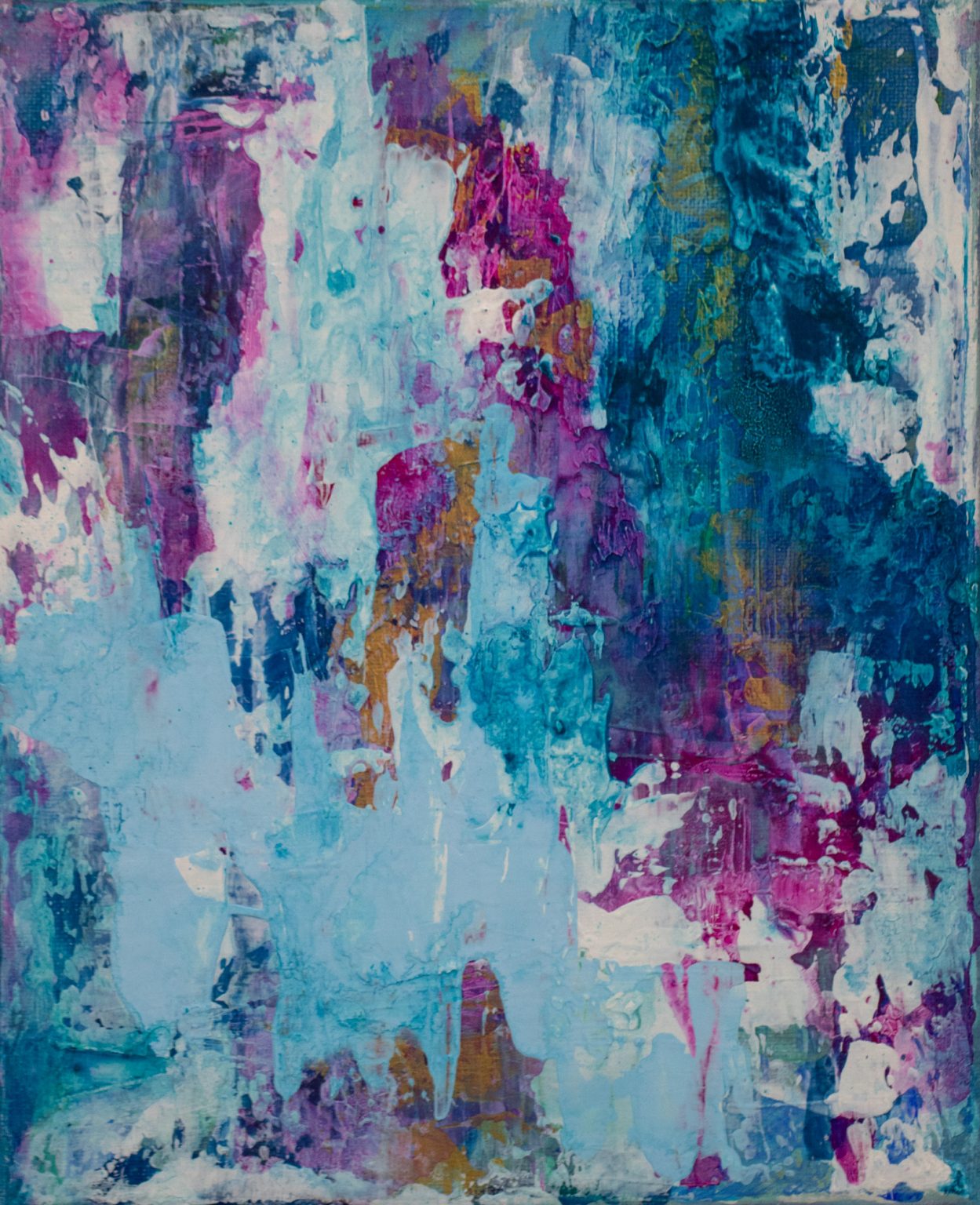 Abstract acrylic painting in deep teal, turquoise, and magenta with gold accents
