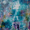 Abstract acrylic painting in turquoise, pink, and cream with layered texture