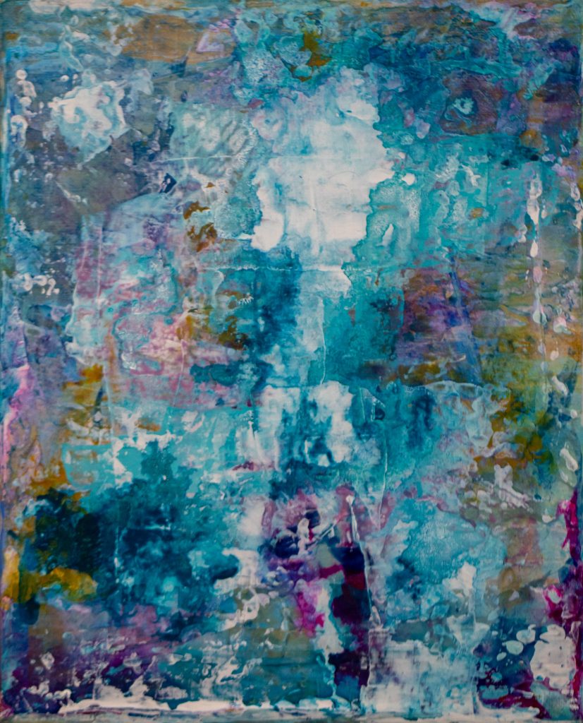 Abstract acrylic painting in turquoise, pink, and cream with layered texture