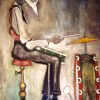 Painting of an old bearded drummer in a flat cap seated at a drum kit by Dave Coleman