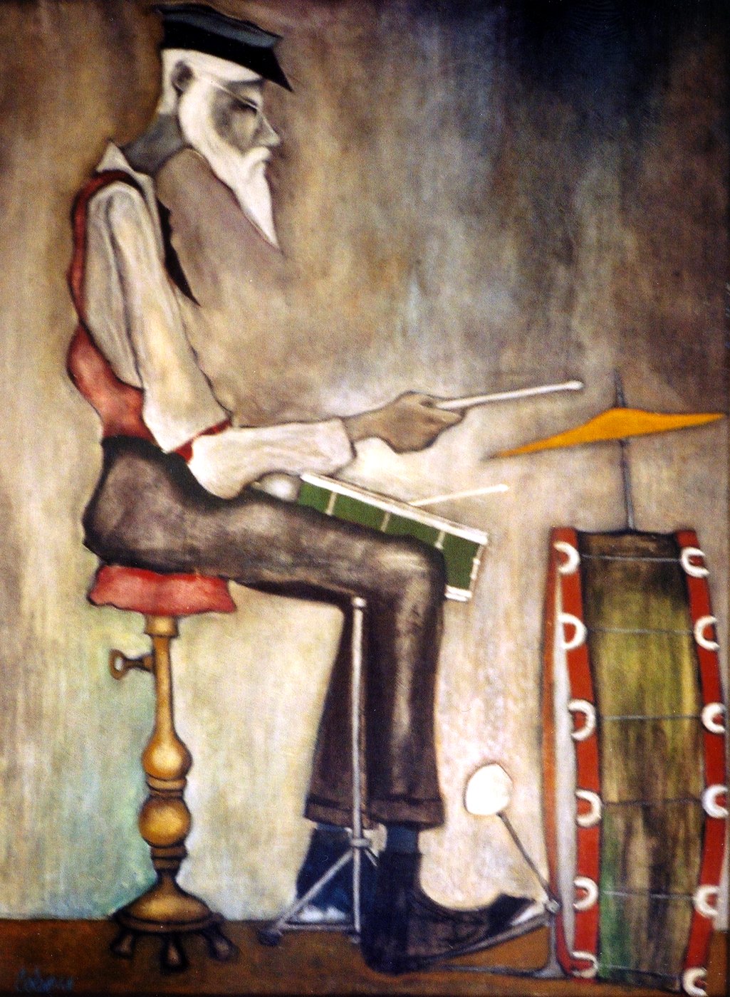Painting of an old bearded drummer in a flat cap seated at a drum kit by Dave Coleman