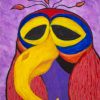 Whimsical owl painting of a sleepy red folk-art owl on a purple background