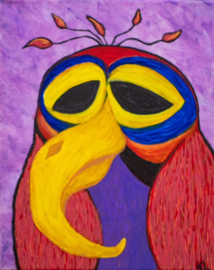 Whimsical owl painting of a sleepy red folk-art owl on a purple background