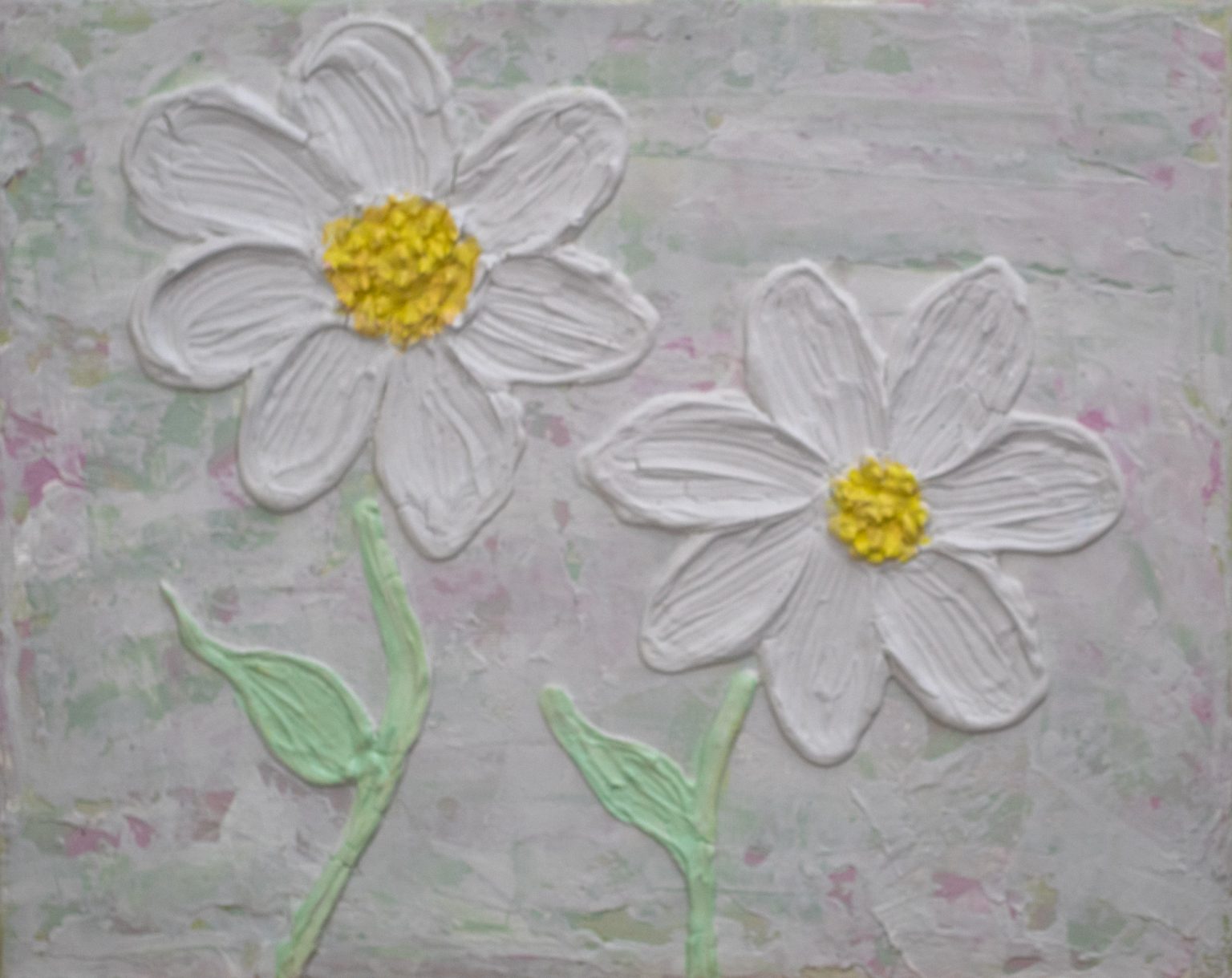Textured flower painting of two white daisies with yellow centers, pastel