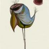 Ink and watercolour painting of a long-legged bird beneath a dark red sun by Dave Coleman