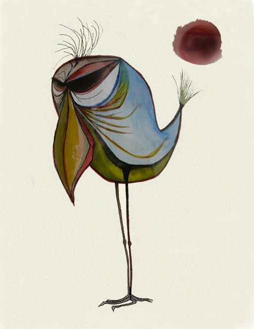 Ink and watercolour painting of a long-legged bird beneath a dark red sun by Dave Coleman