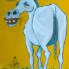 Painting of a comic white unicorn chewing grass against a yellow sky by Dave Coleman