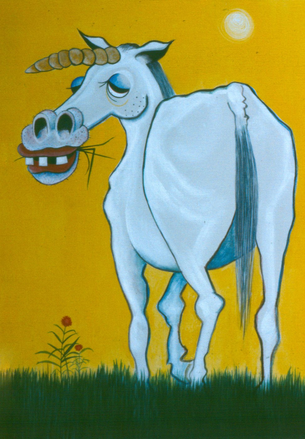 Painting of a comic white unicorn chewing grass against a yellow sky by Dave Coleman
