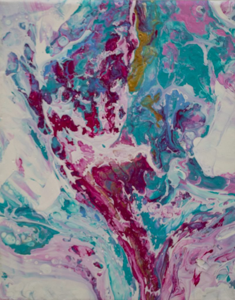 Acrylic pour painting marbled in magenta, teal, pink, white, and gold