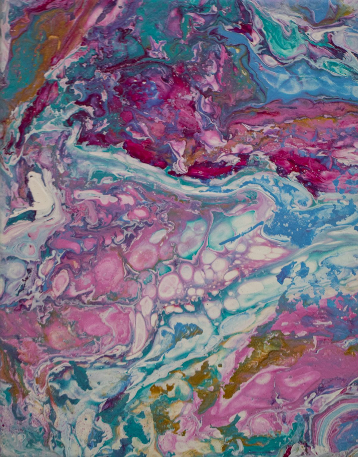 Acrylic pour painting swirled in pink, teal, blue, and purple with cells