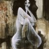 Stylised 1967 painting of a seated woman with dark hair by Dave Coleman