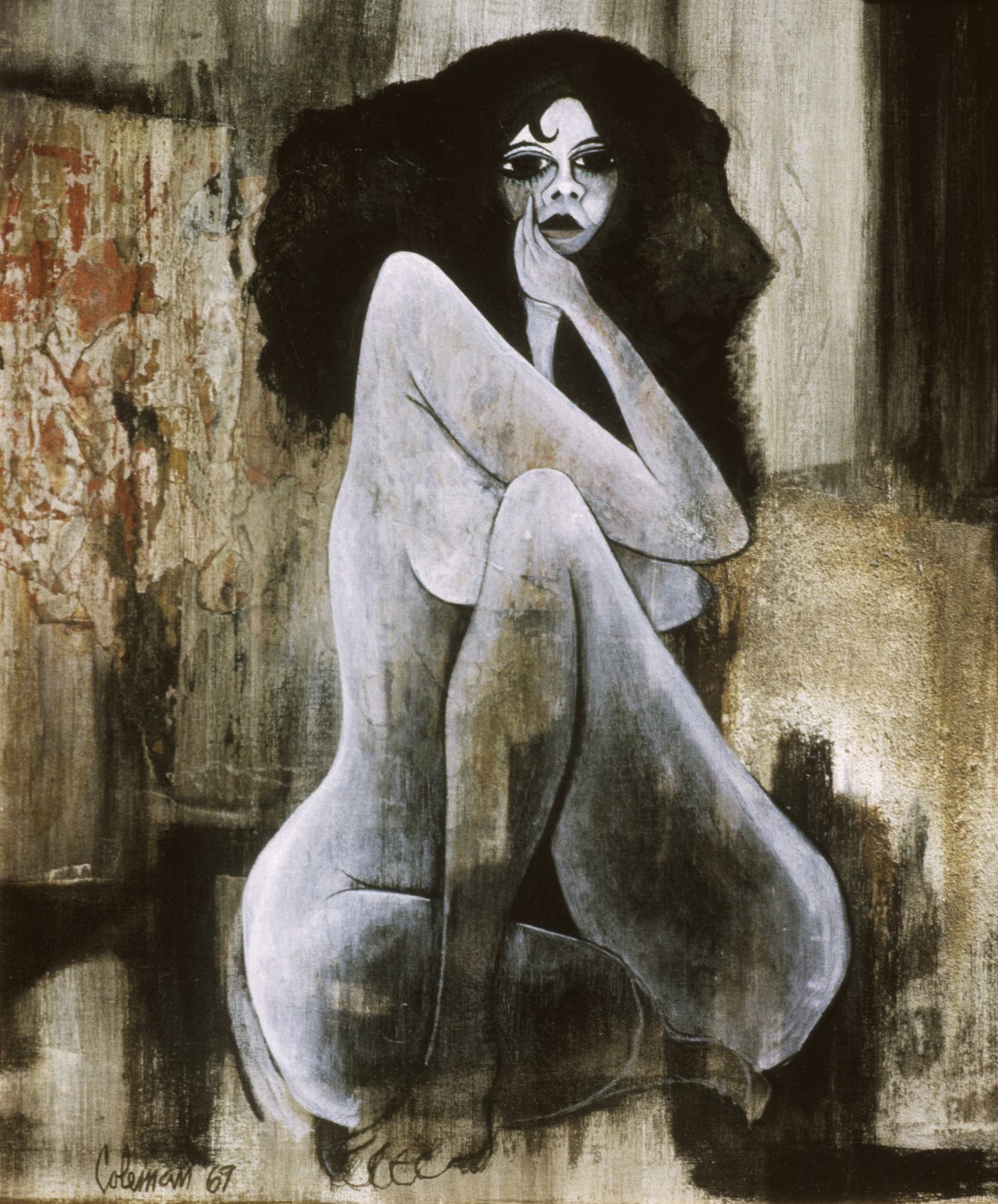 Stylised 1967 painting of a seated woman with dark hair by Dave Coleman