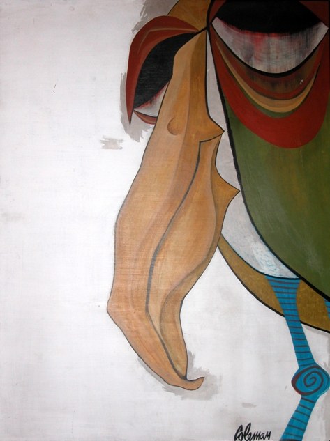 Bird painting with an oversized tan beak and blue striped legs by Dave Coleman