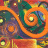 Electric Flow original 8x10 acrylic abstract painting with a thick orange spiral over green, red and purple by Kristy Lewellen