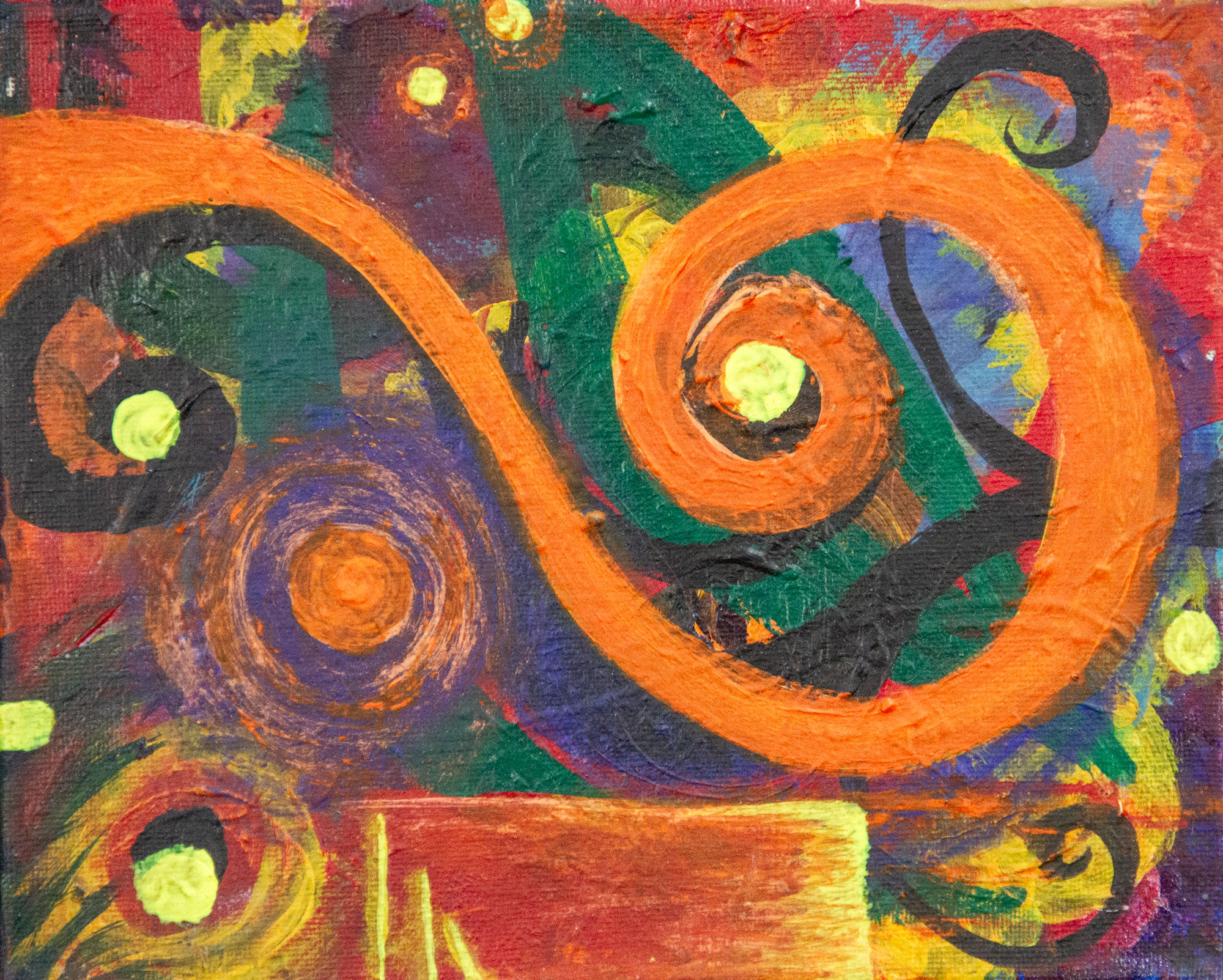 Electric Flow original 8x10 acrylic abstract painting with a thick orange spiral over green, red and purple by Kristy Lewellen