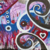 Expanding original 9x12 acrylic abstract painting with white and black scrolls over cobalt blue and purple by Kristy Lewellen