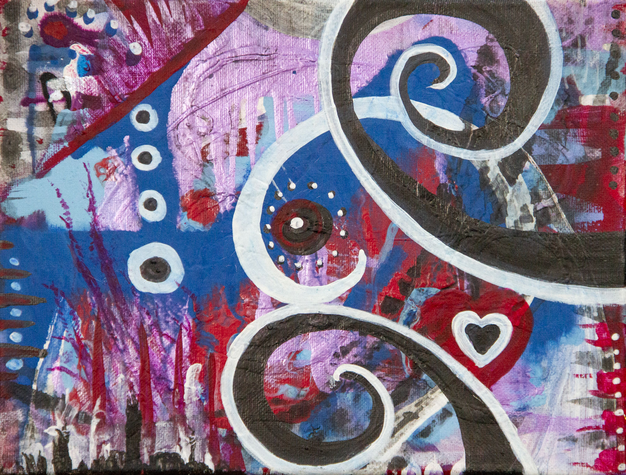 Expanding original 9x12 acrylic abstract painting with white and black scrolls over cobalt blue and purple by Kristy Lewellen