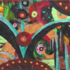 Intensity original 8x10 acrylic abstract painting with black arcs, teal stems and orange-centered circles by Kristy Lewellen
