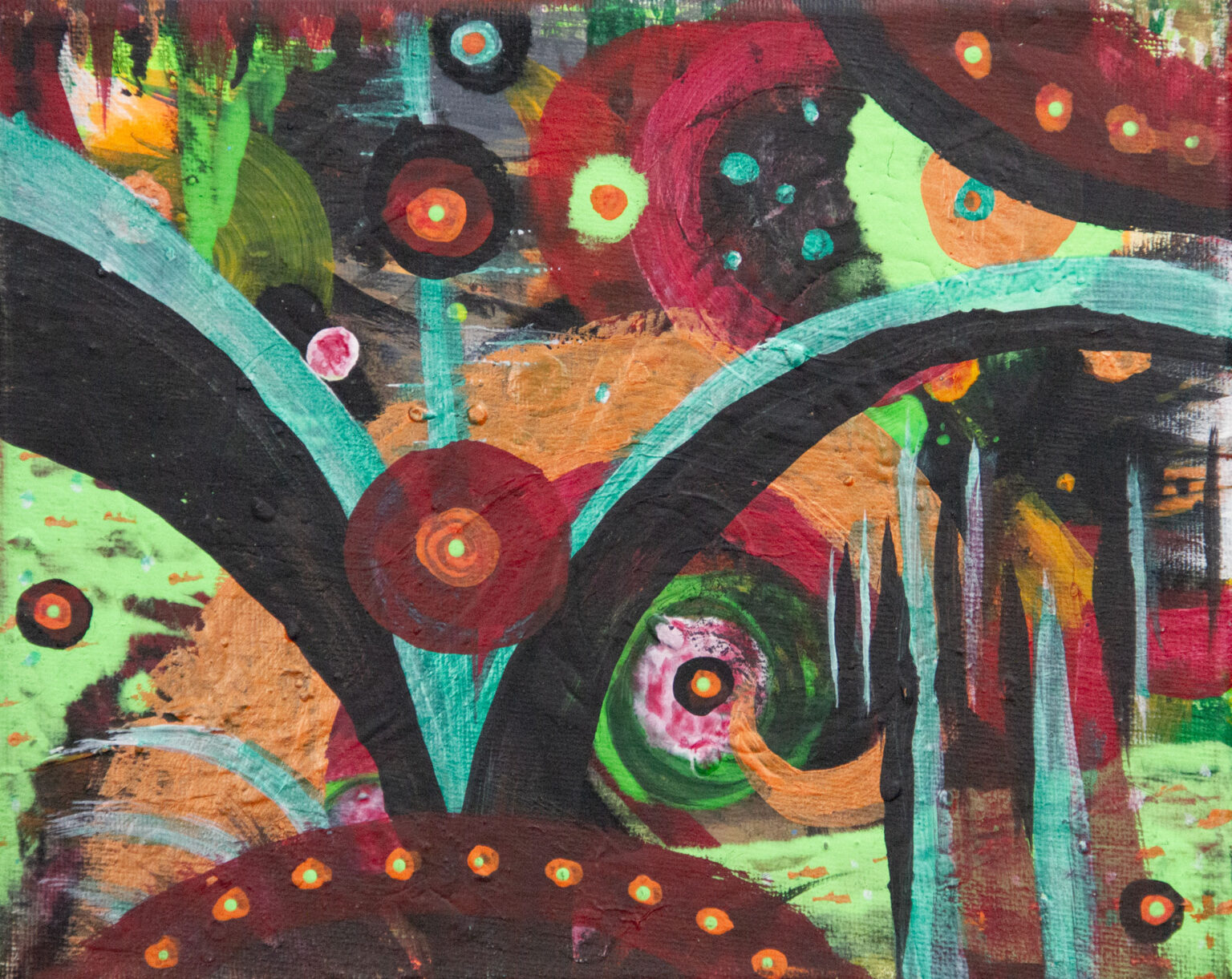 Intensity original 8x10 acrylic abstract painting with black arcs, teal stems and orange-centered circles by Kristy Lewellen