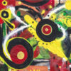 Into the Unknown original 8x10 acrylic abstract painting with black and red rings on a bright yellow band by Kristy Lewellen