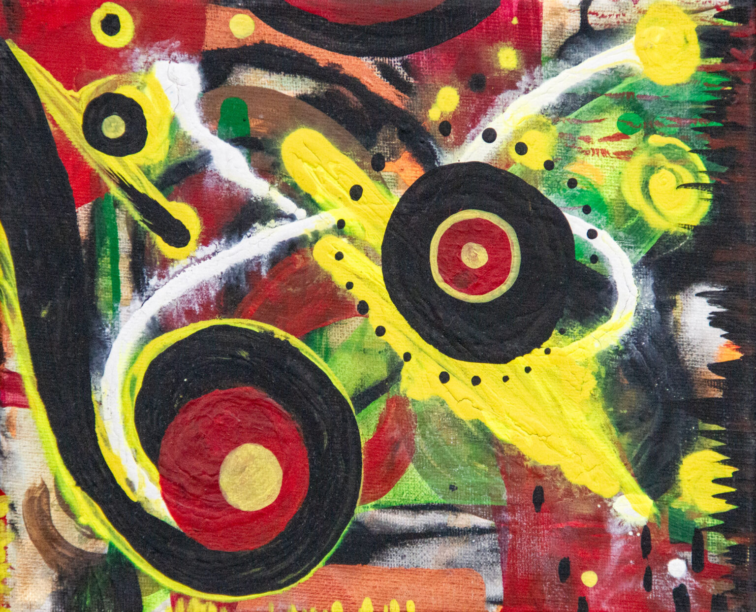 Into the Unknown original 8x10 acrylic abstract painting with black and red rings on a bright yellow band by Kristy Lewellen