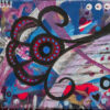 La Fan original 9x12 acrylic abstract painting with black and red scrolls over metallic gold by Kristy Lewellen