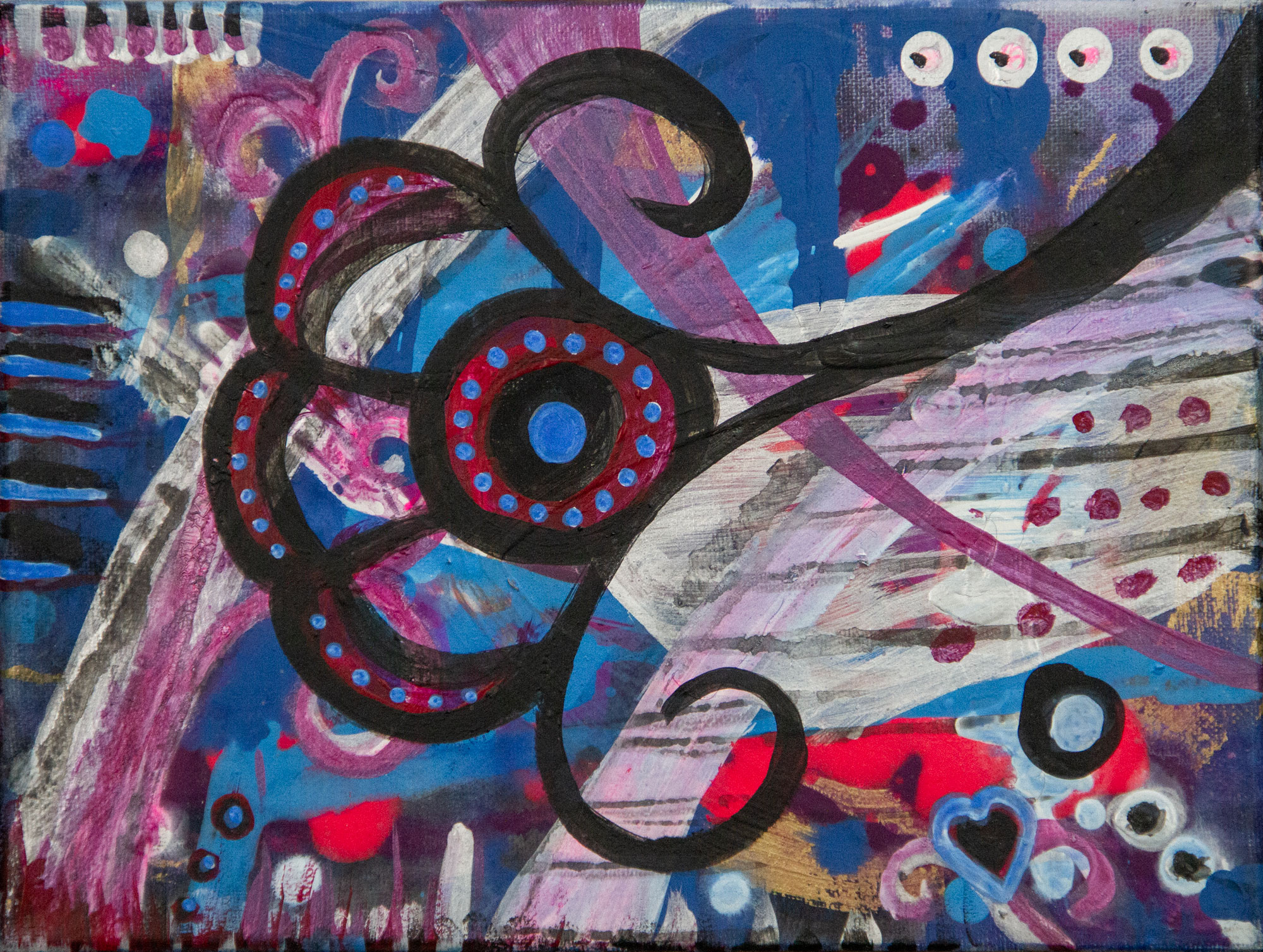La Fan original 9x12 acrylic abstract painting with black and red scrolls over metallic gold by Kristy Lewellen