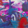 Longing original 20x16 acrylic abstract painting with a small figure standing arms raised against magenta and blue by Kristy Lewellen