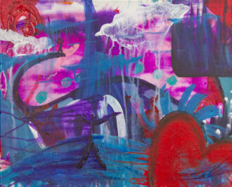 Longing original 20x16 acrylic abstract painting with a small figure standing arms raised against magenta and blue by Kristy Lewellen