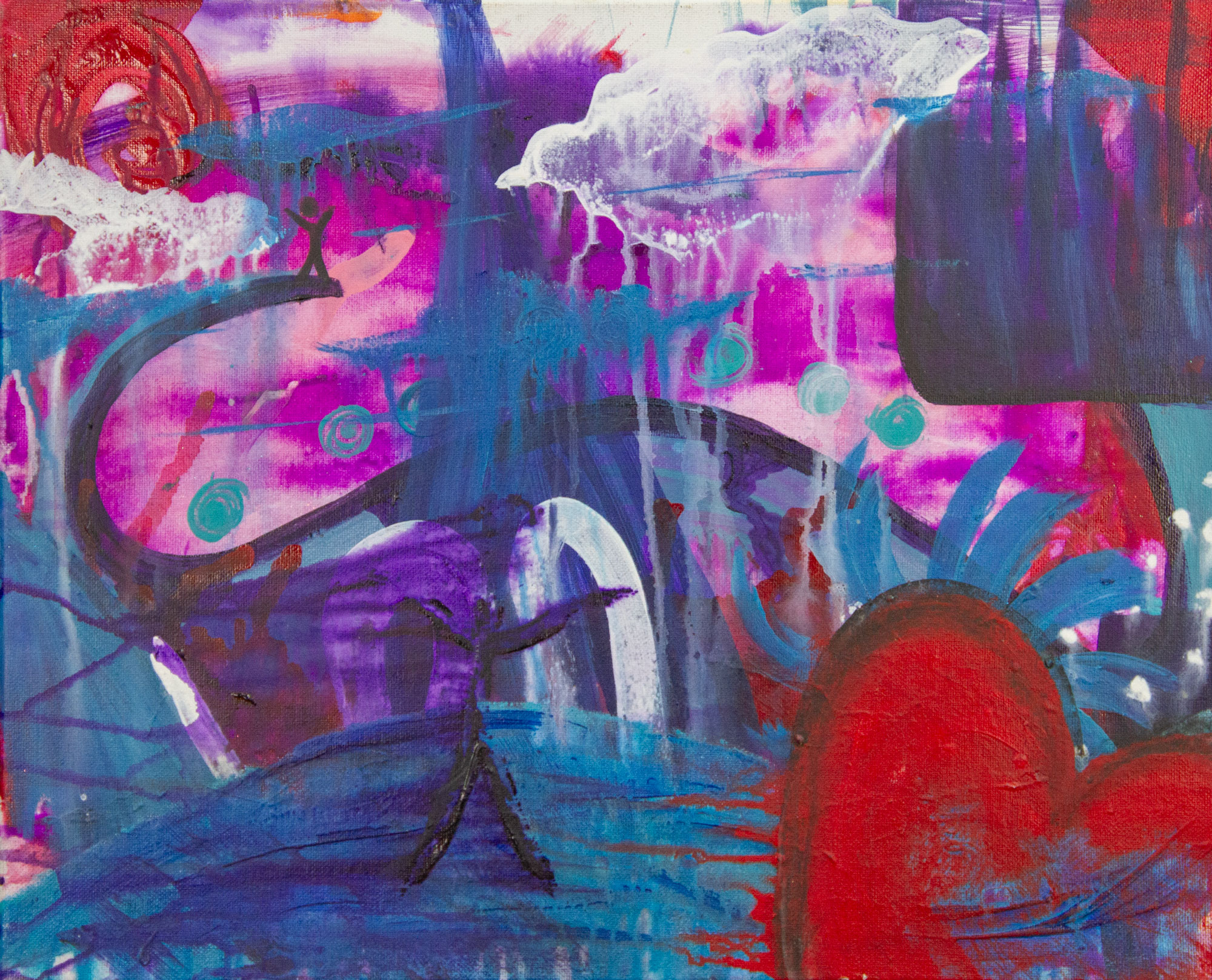 Longing original 20x16 acrylic abstract painting with a small figure standing arms raised against magenta and blue by Kristy Lewellen