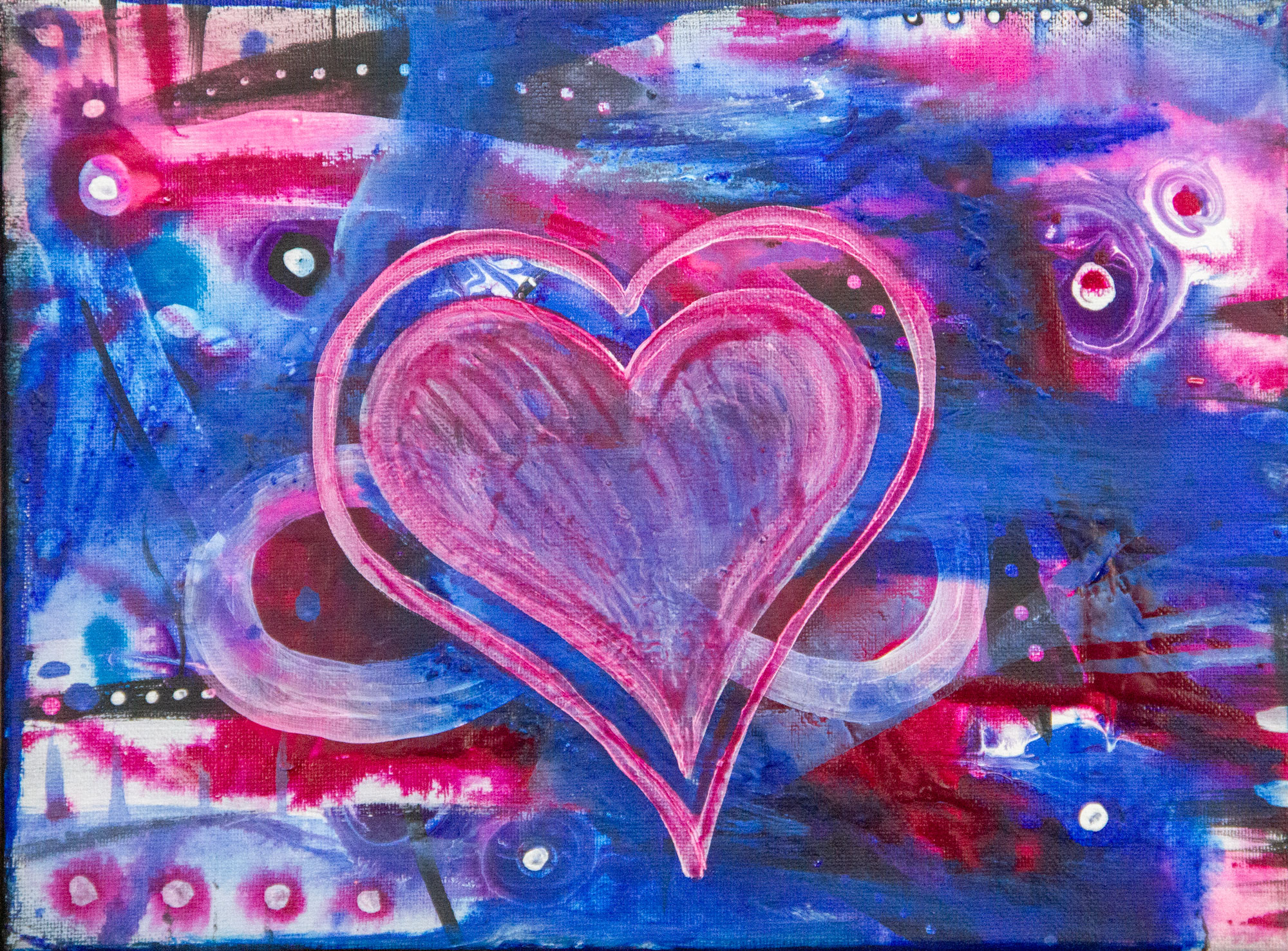 Loving Heart original 9x12 acrylic painting with a large pink heart outline on cobalt blue and magenta by Kristy Lewellen