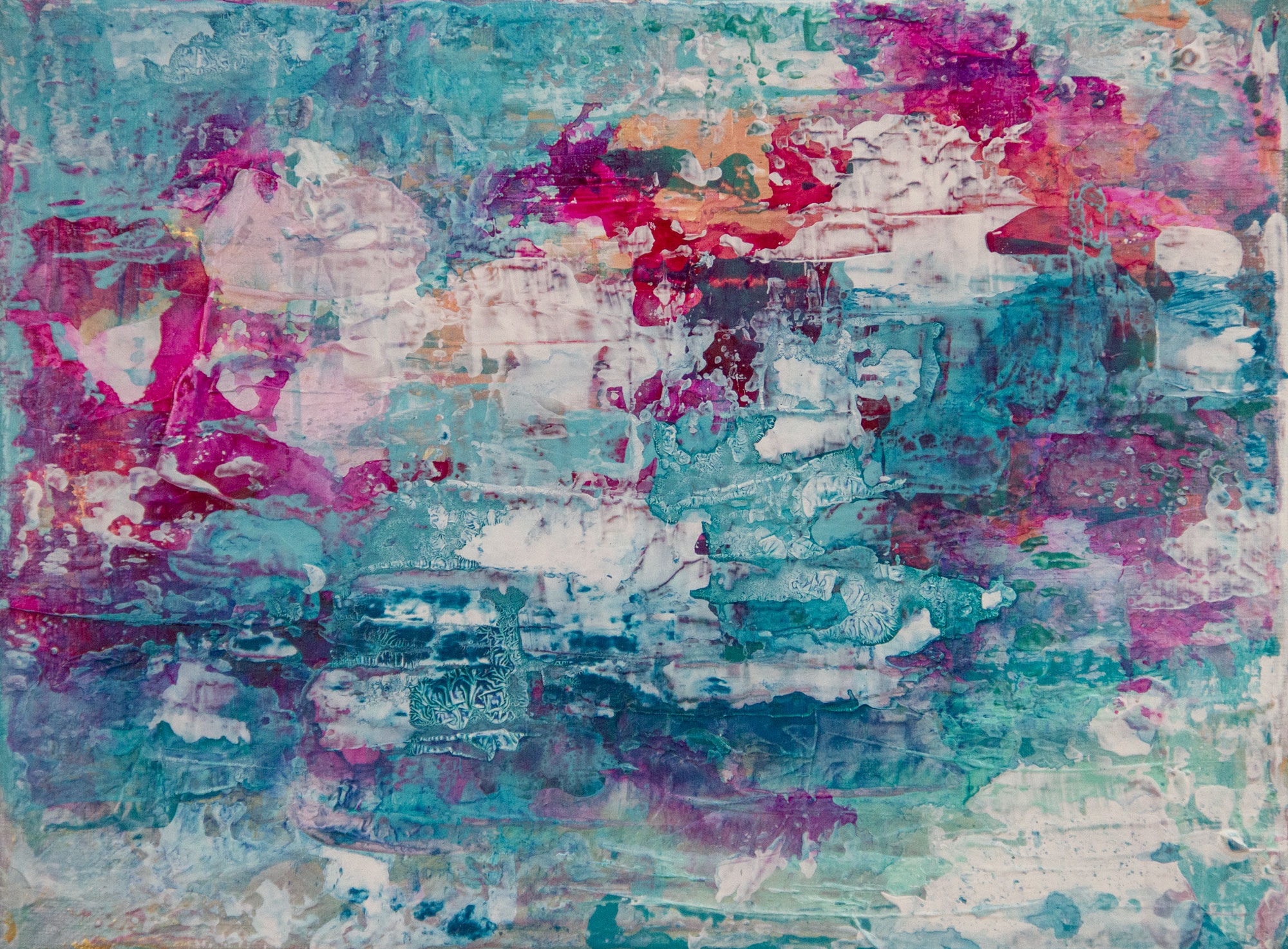 Mermaid Haze original 9x12 textured acrylic abstract painting in soft teal, blush pink and coral by Kristy Lewellen