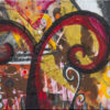 Rising original 9x12 acrylic abstract painting with a dark branching form and red scrolls over metallic gold by Kristy Lewellen