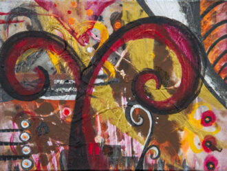 Rising original 9x12 acrylic abstract painting with a dark branching form and red scrolls over metallic gold by Kristy Lewellen