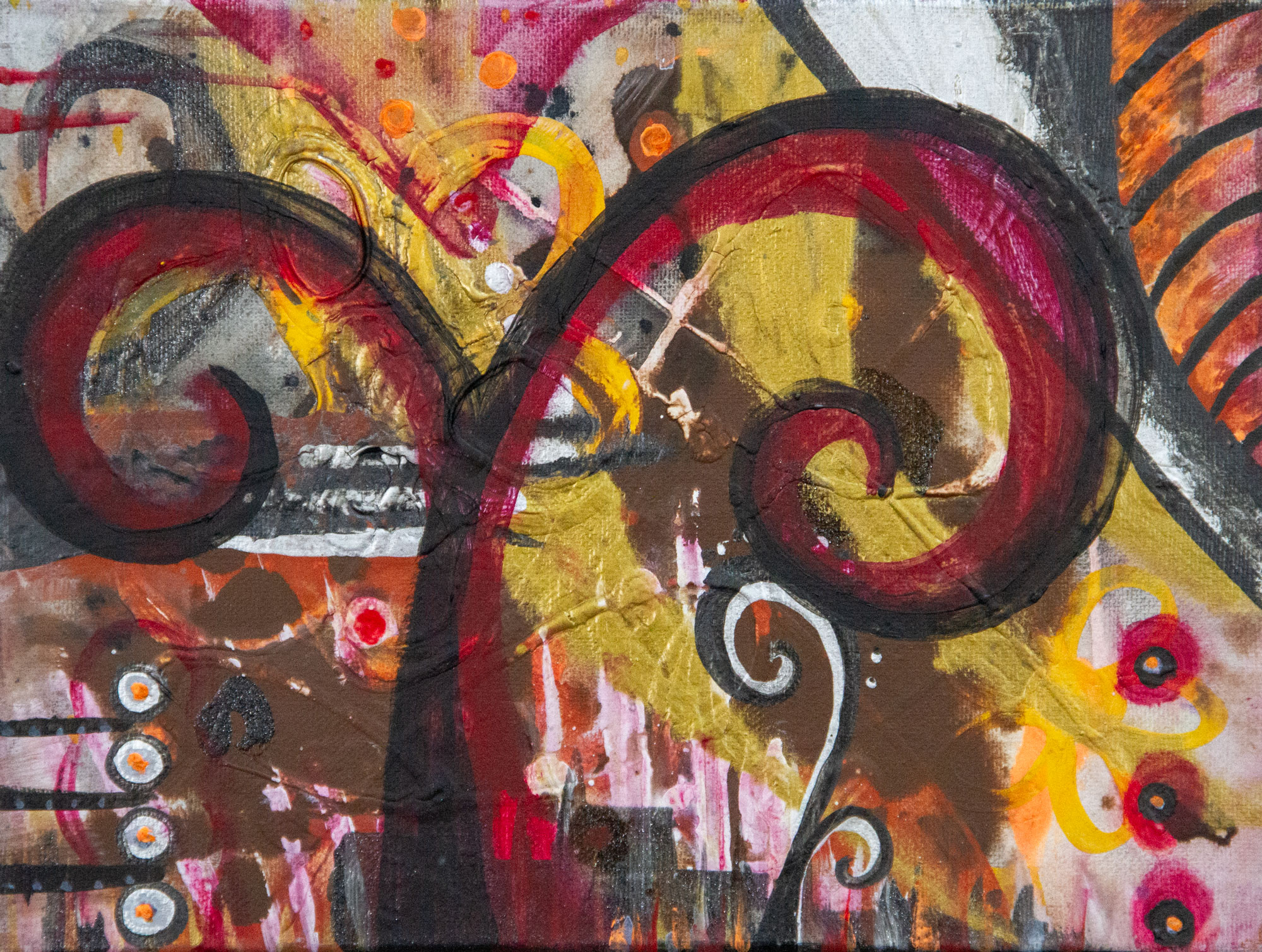 Rising original 9x12 acrylic abstract painting with a dark branching form and red scrolls over metallic gold by Kristy Lewellen