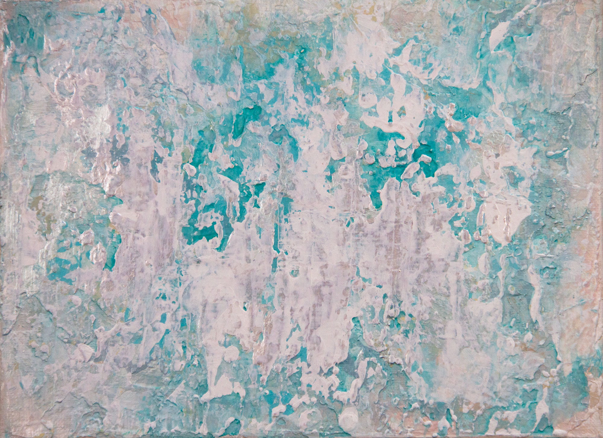 Teal Escape original 9x12 textured acrylic abstract painting with blush white scraped over turquoise by Kristy Lewellen
