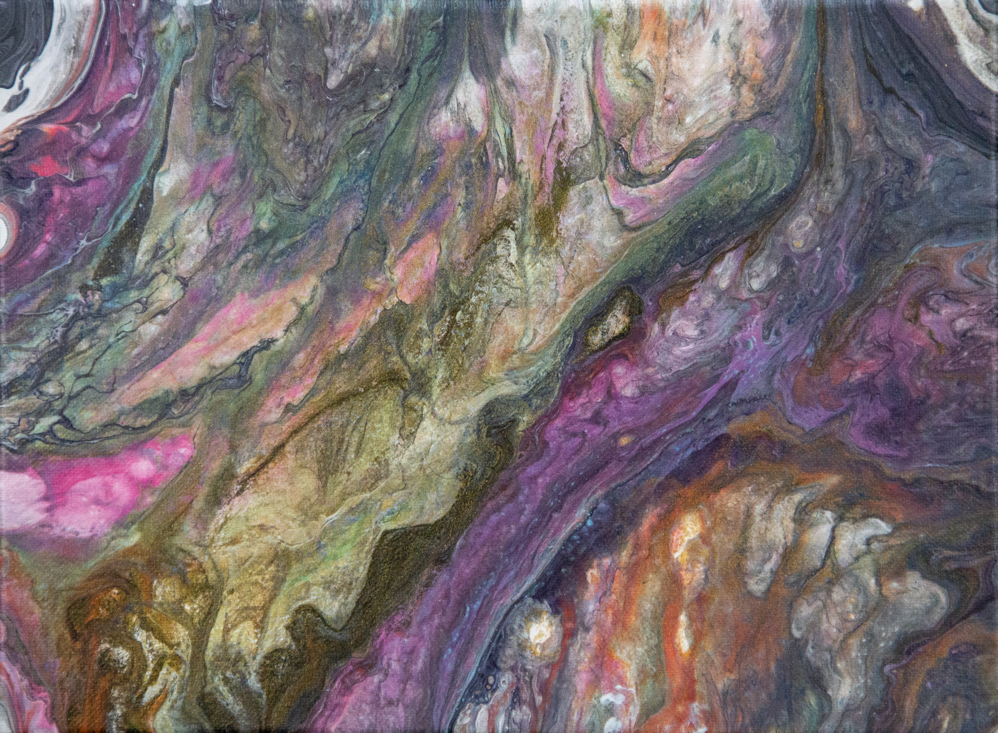 The Flow original 9x12 poured acrylic abstract painting with metallic gold, copper, plum and olive ribbons by Kristy Lewellen
